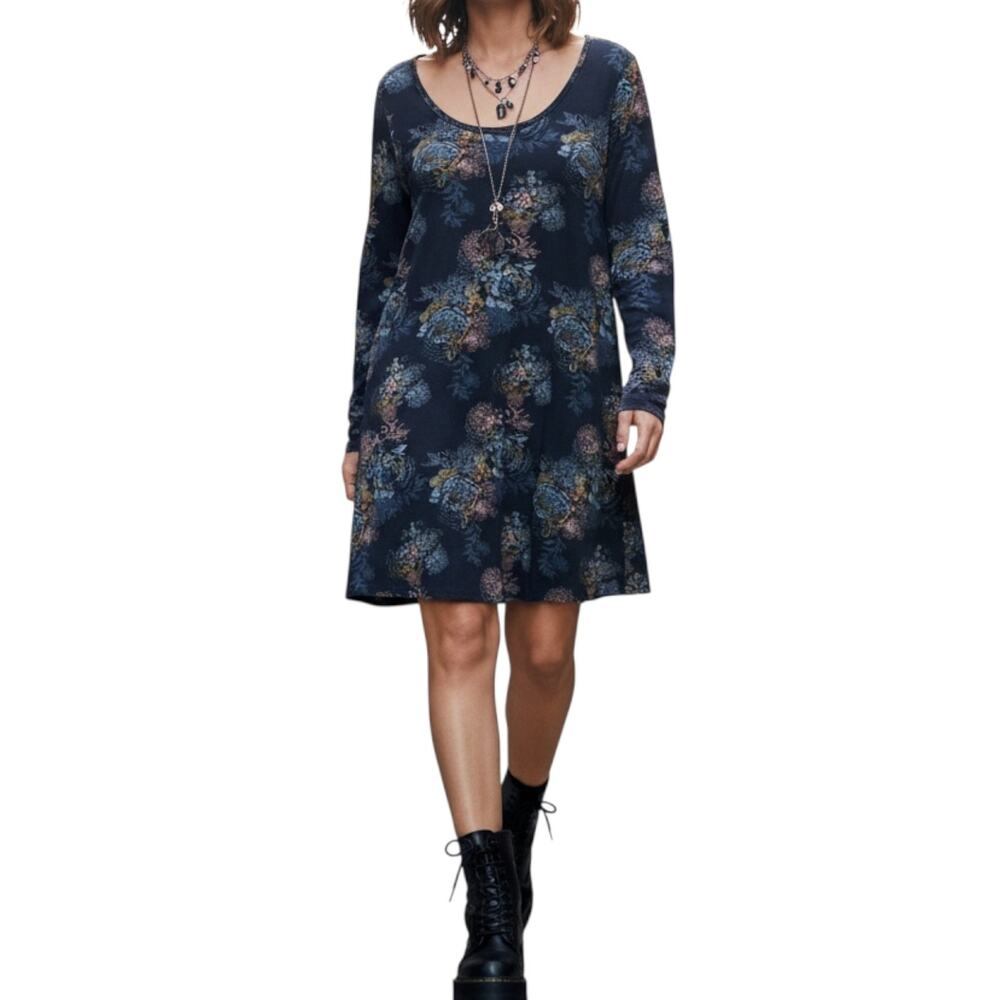 Mudd Lace Up Sleeve Sueded Jersey Mini Dress Navy Floral Ultra Soft Y2K Boho L